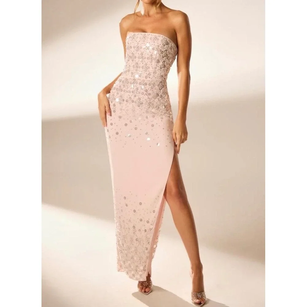Oh Polly‎ Blush Pink Sequin Embellished Strapless Maxi Dress Side Slit US 4 NEW